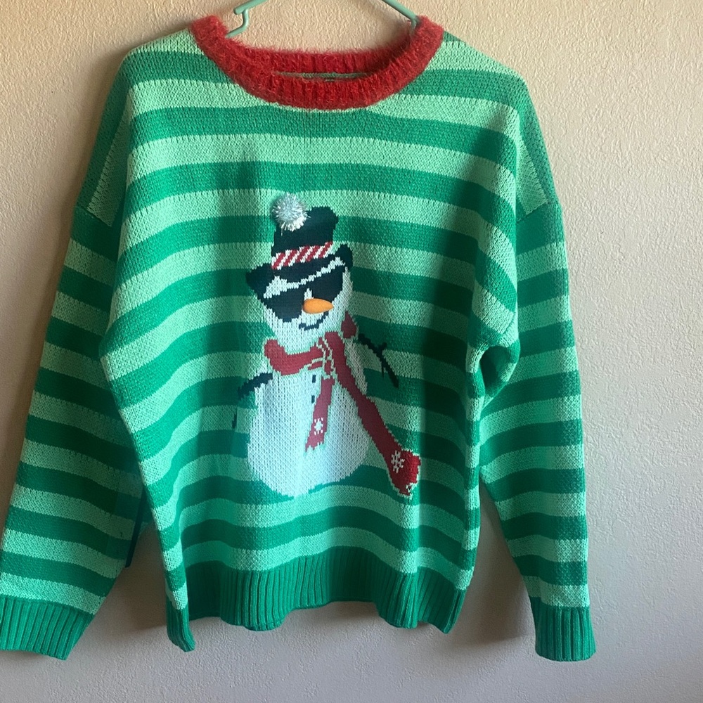 33 DEGREES Festive Green Striped Snowman Sweater